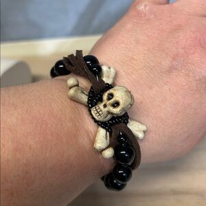 Handmade Skull and Crossbones Bracelet with Black Beads